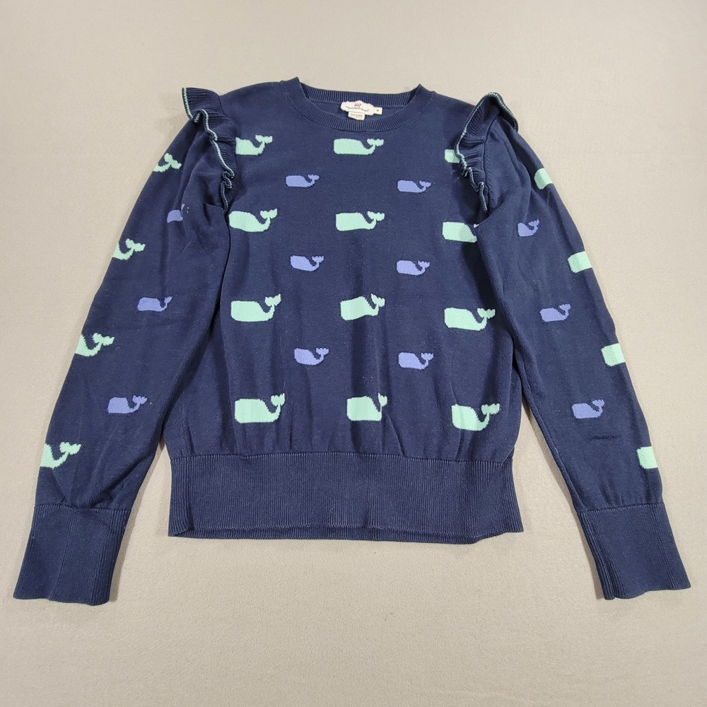 Vineyard Vines Sweater Whale Print Ruffle Shoulder Navy Preppy Women's Medium - Picture 4 of 9
